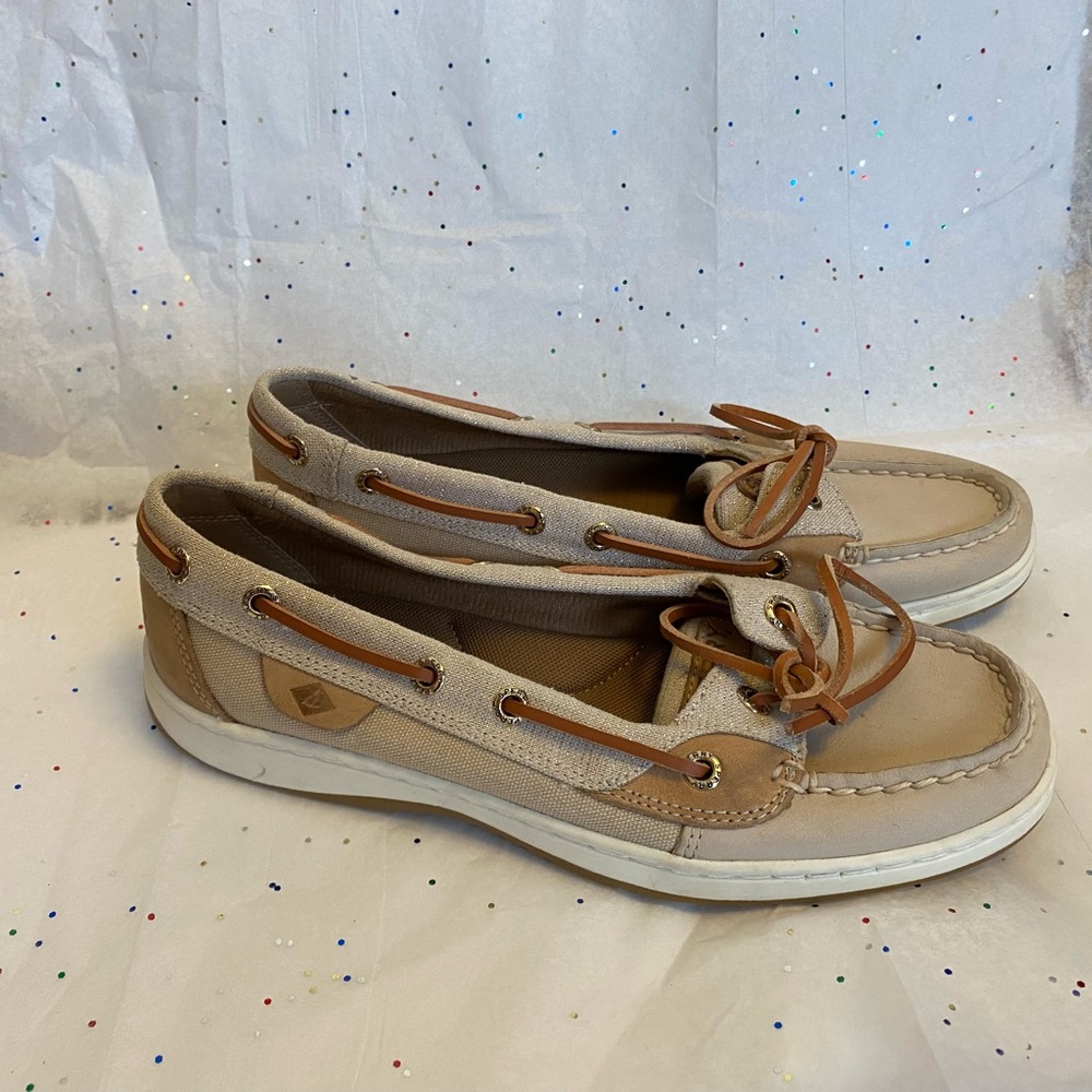 Sperry boat shoes, sparkles and tan colored, NEVER WORN